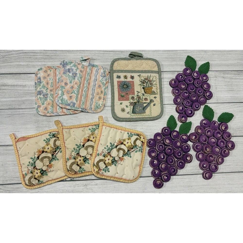 Vintage Crochet Grape Decor Lot Franco Mushroom Potholders Handmade AS IS Repair